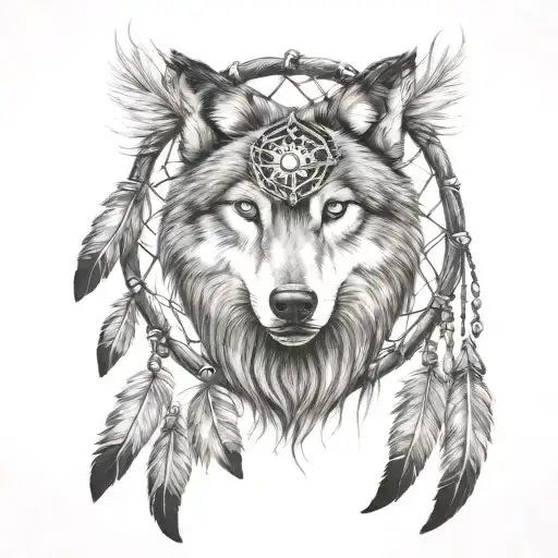 Wolf Dream Catcher And Feather Intertwined