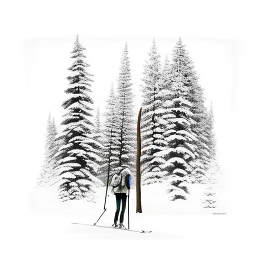 A Serene Forest Scene With Tall Trees And A Skier Navigating Through Them