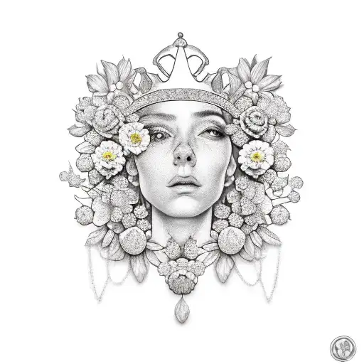 A Realistic Portrait Of A Person With A Crown Of Flowers And A Diamond Necklace