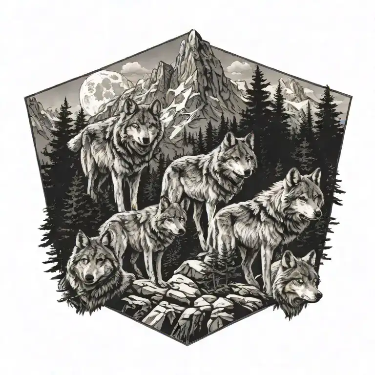 Pack Of Wolves In Mountains