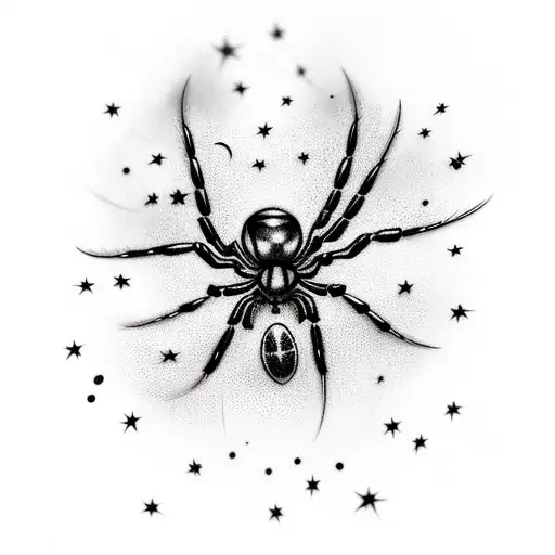 Black Widow Spider Hanging Form A Web With A Shooting Star Flying Around It