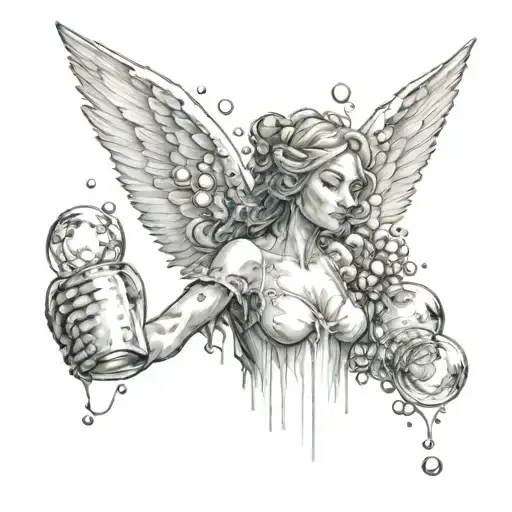 A Sketch-style Tattoo Of A Crafting Angel Surrounded By Bubbles