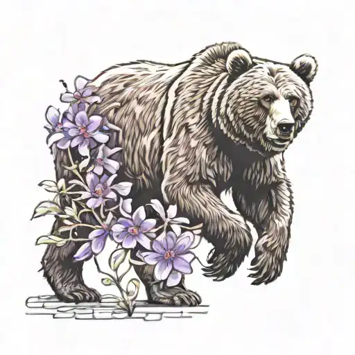 Brown Bear Walking Carrying A Purple Flower In Its Mouth