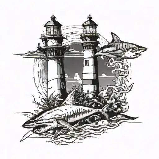 Lighthouse Next To Shark Tooth Next To Mermaid