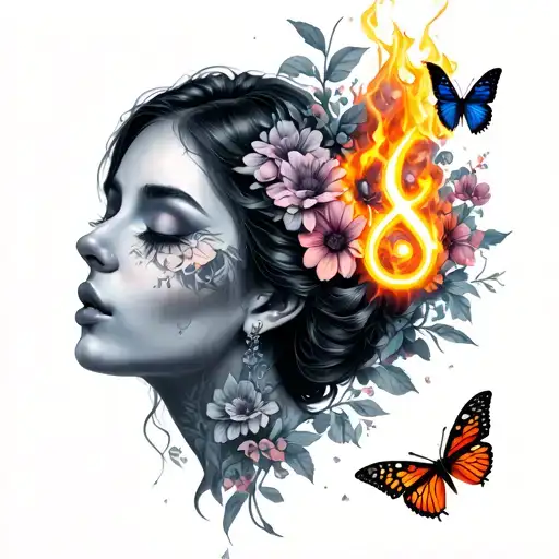 Lady With Closed Eyes With Flowers Butterflies And Fire And A Virgo Symbol