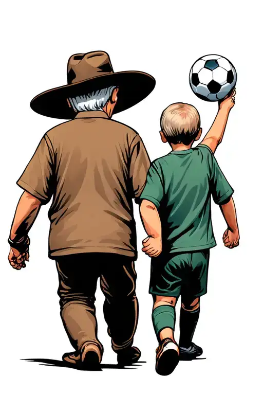 Grandpa And Grandson Holding Hands Walking Away While The Grandpa Holds With His Arm A Soccer Ball
