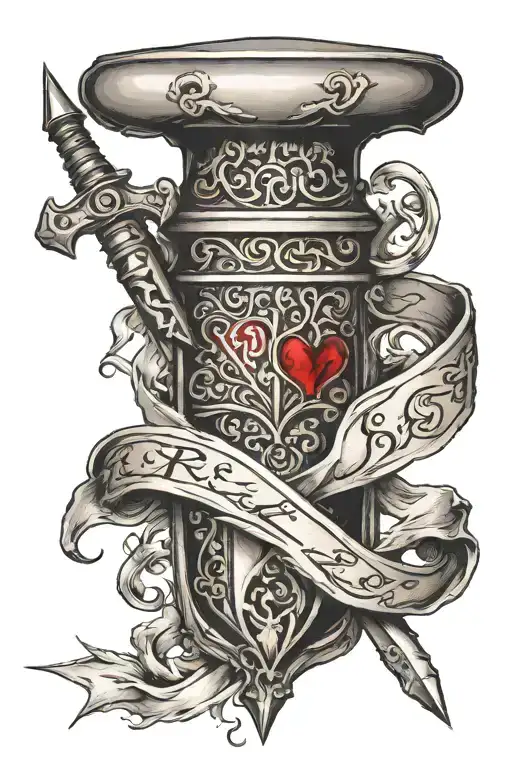 Hearth With A Dagger Through It And A Scroll Saying True Love