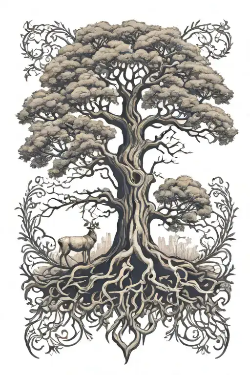 Tree Of Life With Roots And Spiritual And Animal Elements