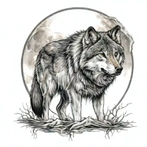 Wolf Standing Moon Surrounded