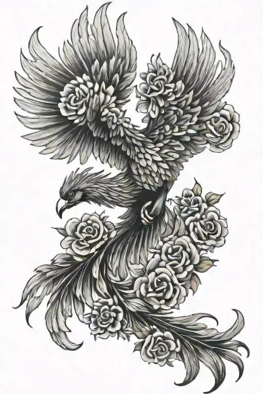 Peaceful Flying Phoenix With Wings Open Flames And Flowers