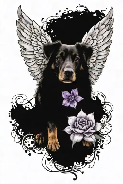 Black And Grey Dog Paw Print With Deep Purple Flower Golden Halo And Black Angel Wings