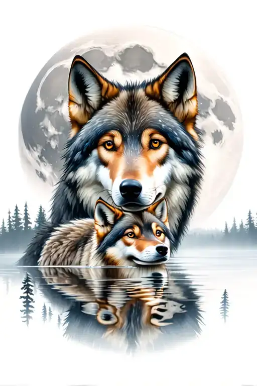 Wolf And Wolf Pup Reflection Woods Moon