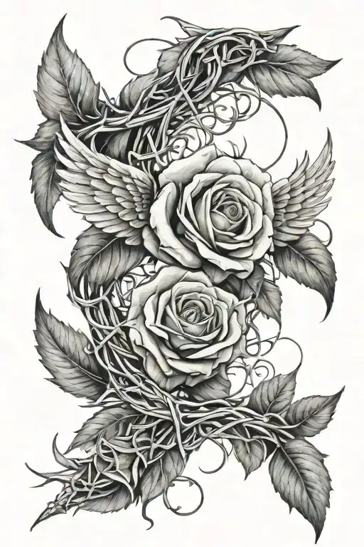 Arc Angle And Angle Wings With Rose Thorns Wrapping Going Up Through The Middle