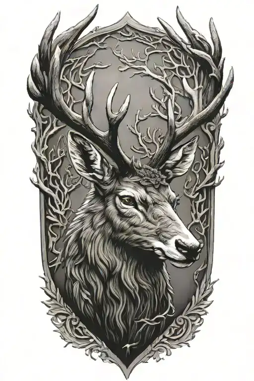 Powerful Stag Head With Sitting Raven On Antlers
