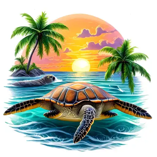 Sea Turtle And Palm Trees Colors Sunset