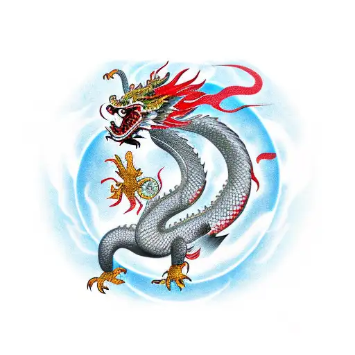 Chinese Dragon And Phoenix Bird Over The Dragon In The Fire And Smog