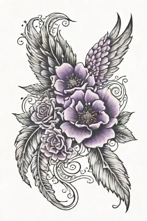 Black And Grey Dog Paw Print With Deep Purple Flower Golden Halo And Black Angel Wings