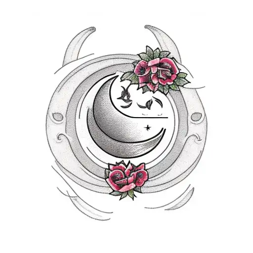A Minimalist Tattoo Of A Crescent Moon Surrounded By Roses And A Firetruck