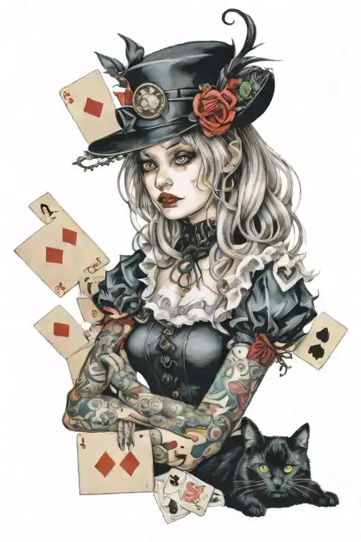 Alice Gothic With Cat And Cards Surrounded