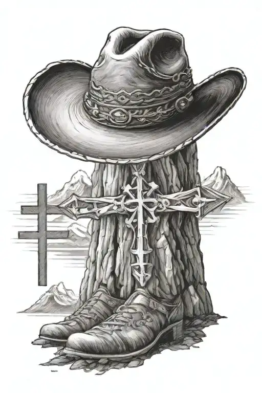 A Mountain Peak With A Cowboy Hat And A Cross Symbolizing Faith