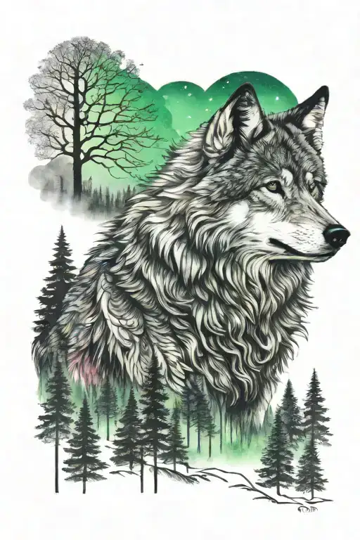 Wolf Standing With Trees Background Northern Lights