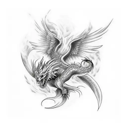 A Tattoo Design Featuring A Phoenix And A Dragon In A Battle