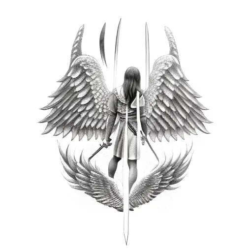 Middle Angel Holding A Sword And The Side Angels With Wings Out