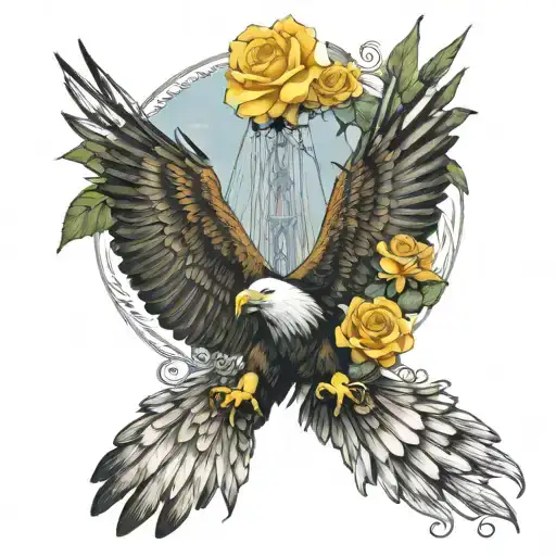 Bay Bridge With Eagle And Yellow Roses With Pray Hands With Rosary