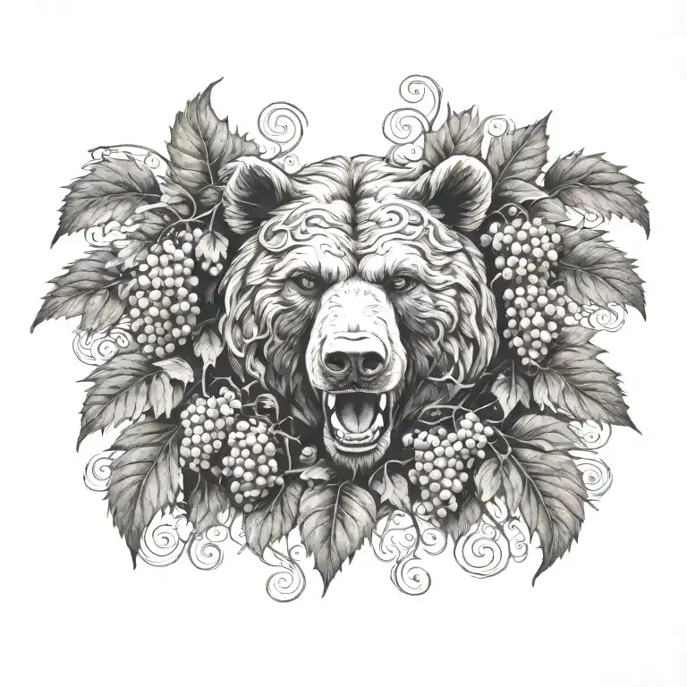 Grape Vine Wrapping With Knot Work And Bear Head Snarling Teeth