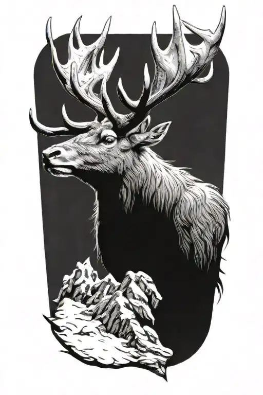 Powerful Stag Head With Sitting Raven On Antlers