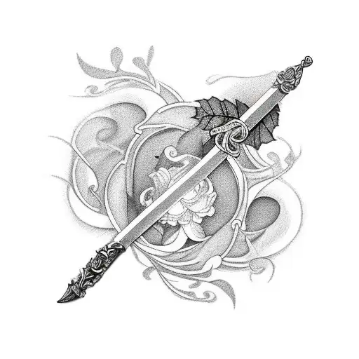 A Black And Grey Tattoo Of A Pen And Sword Intertwined With Foliage And Poetry Verses