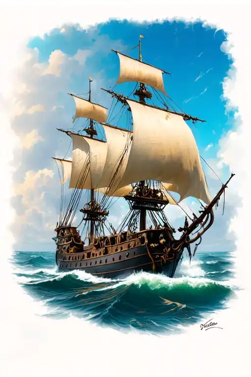 Pirate Boat In The Temperature With Sail In The Colors Of Jack Rakam