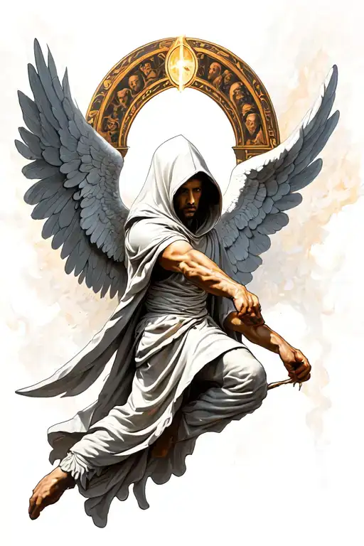 Hooded Arch Angel Fighting Off The 7 Deadly Sins