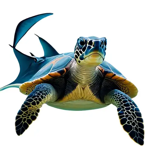 Sea Turtle Below A Manta Ray In A Coral Reef Scene