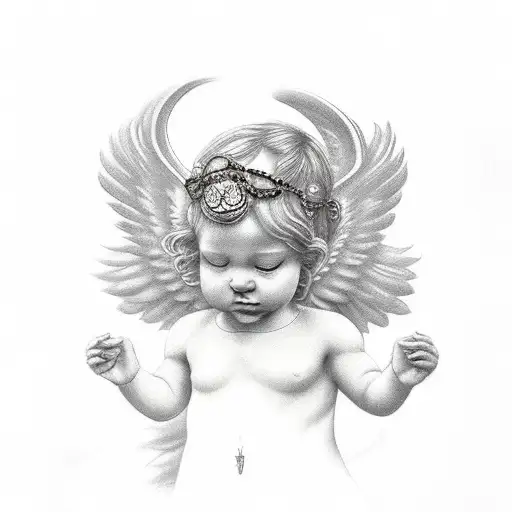 Female Cherub With Realistic Rosary Surrounding Her