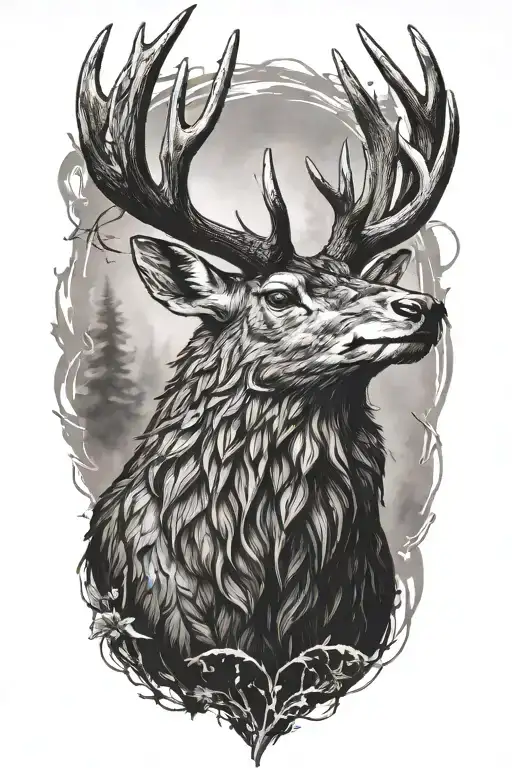 Powerful Stag Head With Sitting Raven On Antlers