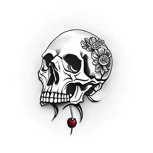 Skull With Cherry Blosom Flower
