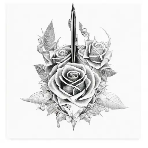 A Black And Grey Tattoo Of A Pen And Sword Intertwined With Foliage And Poetry Verses