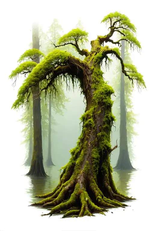 Bald Cypress Knee With Moss Covered Tree