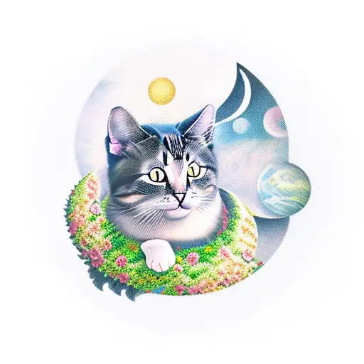 Cat On A Moon With Vineflowers