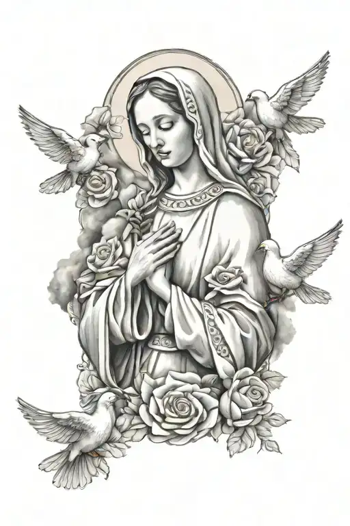 Virgin Mary Holding Rosary With Doves In Clouds Surrounding And A Rose