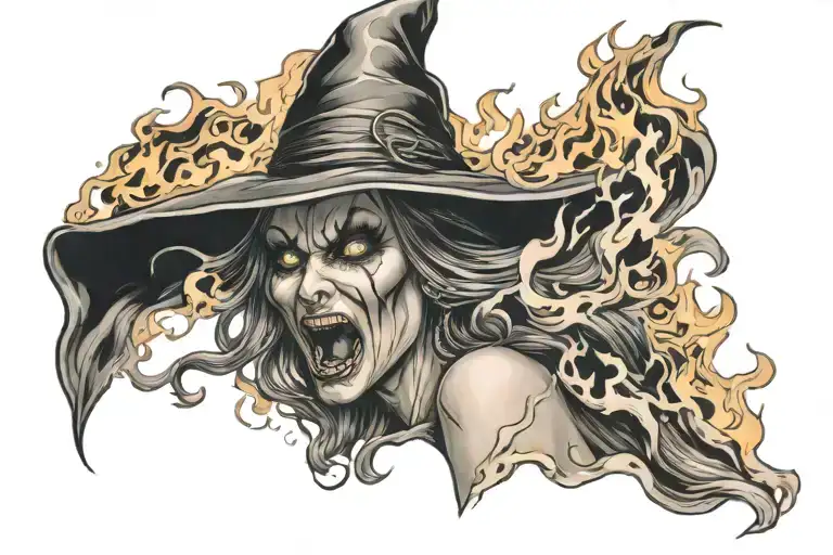 Scary Witch Rising Through Flames