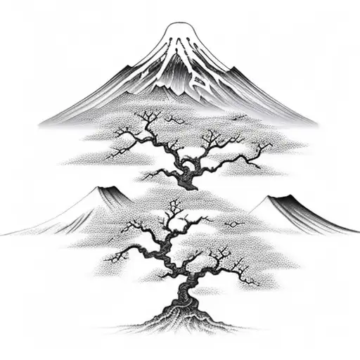 Tree Of Life With Mountain And Japanese Clouds