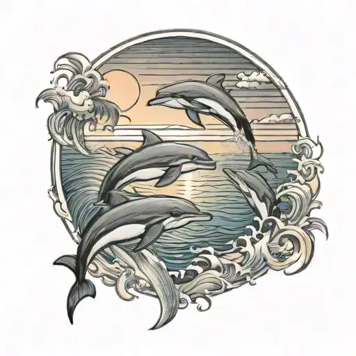 A Tattoo With A Sunset In The Background Behind A Beach With Three Dolphins Jumping Out Of The Water