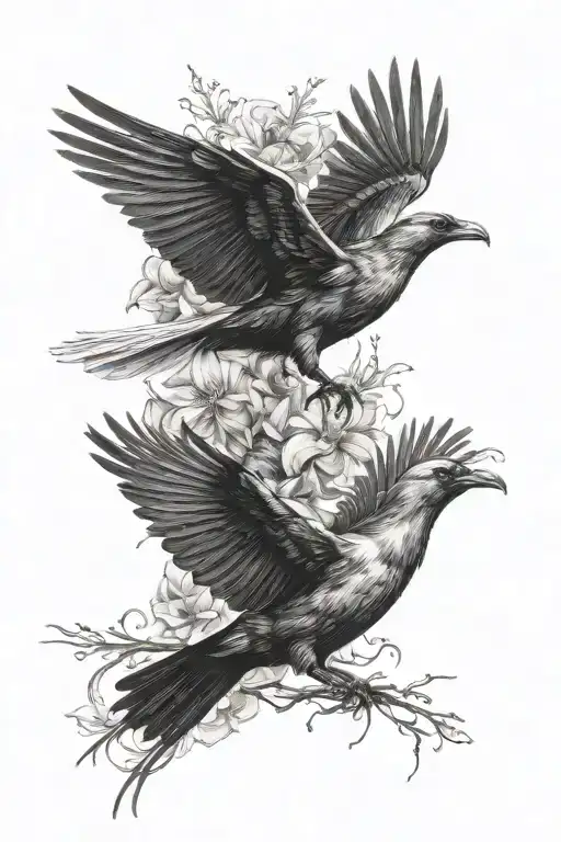 Black Raven And White Dove Flying And Lycoris Radiata