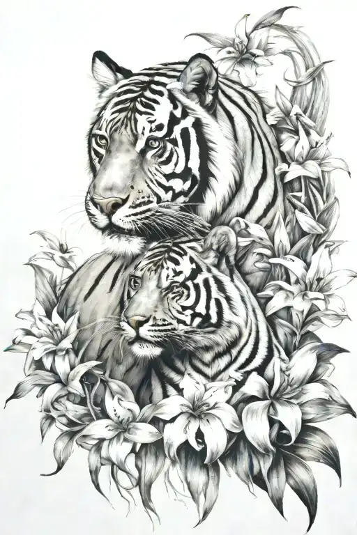 Horse And Tiger Surrounded By Lillys