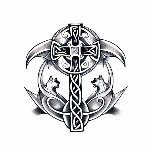 Irish Celtic Cross With A Wolf On The Left Side And A Dragon On The Right Side
