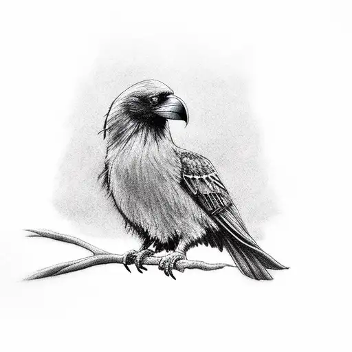 Black Raven With A Necklace On The Beak Standing On A Branch Sideview Looking Back