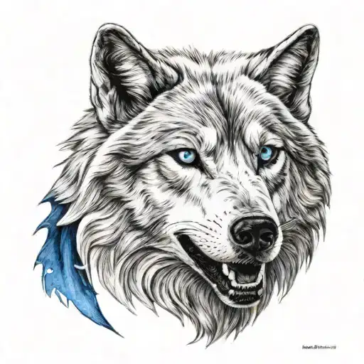 White Wolf With Blue Eyes With Scarface With Sharp Teeth