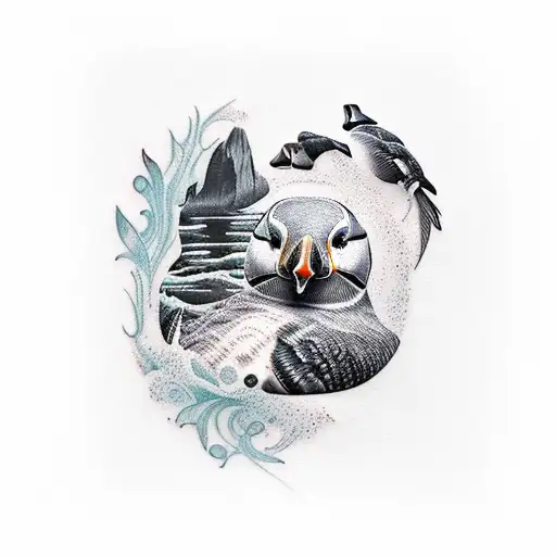 Sleeve Black Tatto Waterfalls And Puffin